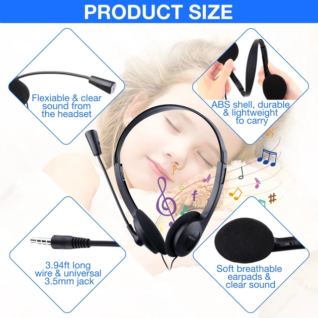 Alt view image 3 of 6 - 30 Pack Classroom Headphones with Mic, Black, Plastic Stem School Student Headphones Bulk Class Set Lightweight Adjustable Earphones with Microphone on Ear with 3.5 mm Jack