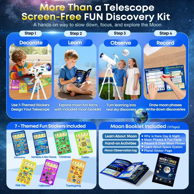 Alt view image 3 of 7 - Telescope Kit for Kids 8-12, 80mm Aperture 500mm Portable Telescope Beginner Astronomy Telescope for moon observation with Backpack, 7-themed Decorate Stickers, Moon Booklet and Phone Adapter