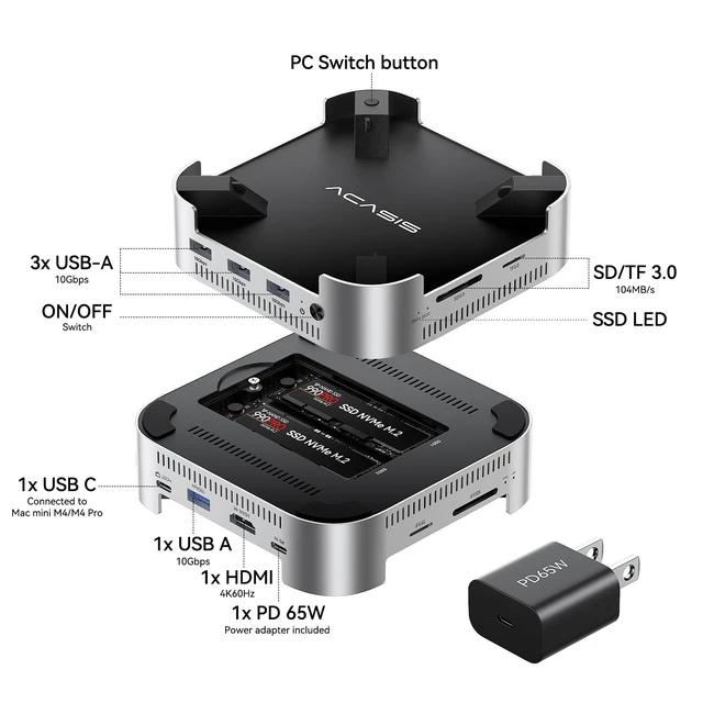 Alt view image 2 of 7 - Mac mini M4 Dock & Stand with Dual-Bay NVMe SSD Enclosure Aluminum HDMI Hub for Mac mini M4 and M4 Pro 2024, 4K60Hz HDMI,4 X 10G USB A, PD 30W, SD/TF, Support SSD B+M M-Key