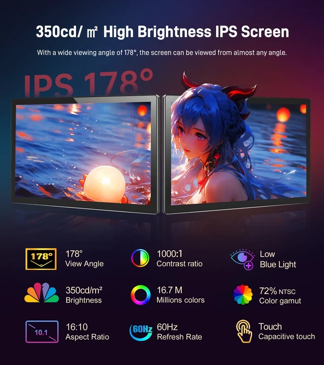 Alt view image 2 of 6 - 10.1 inch Portable Touchscreen Monitor FHD 1920x1200, 100% sRGB Screen ExtenderIPS Travel Small Monitor with Cover, USB-C HDMI Computer Touch Screen Display for Laptop PC, PS5/4 Xbox No Touch