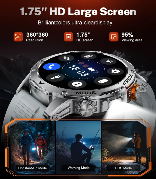 Alt view image 4 of 7 - Smart Watch for Men with 1000mAh Battery/Flashlight, 1.75'' Military Smartwatch with 5ATM Waterproof/Heart Rate/Sleep Monitor,Answer Make Calls Fitness Tracker for Android iPhone Orange