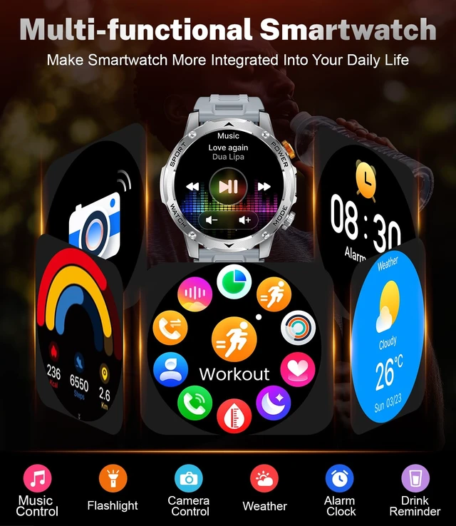 Alt view image 6 of 7 - Smart Watch for Men with 1000mAh Battery/Flashlight, 1.75'' Military Smartwatch with 5ATM Waterproof/Heart Rate/Sleep Monitor,Answer Make Calls Fitness Tracker for Android iPhone Orange