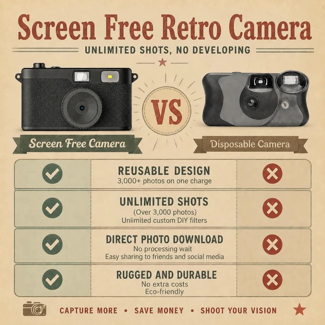 Alt view image 3 of 7 - Vintage Digital Camera, 12MP Screen Free Digital Camera for Summer Camp Built-in Flash, OTG Photo Transfer, DIY Filters and 8GB Memory Card, for Travel, Weddings, Parties and FestivalsBlack