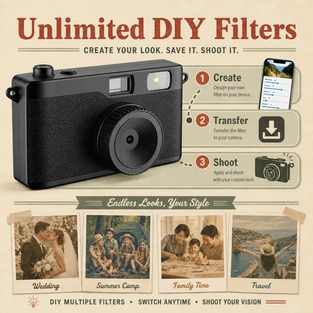 Alt view image 5 of 7 - Vintage Digital Camera, 12MP Screen Free Digital Camera for Summer Camp Built-in Flash, OTG Photo Transfer, DIY Filters and 8GB Memory Card, for Travel, Weddings, Parties and FestivalsBlack