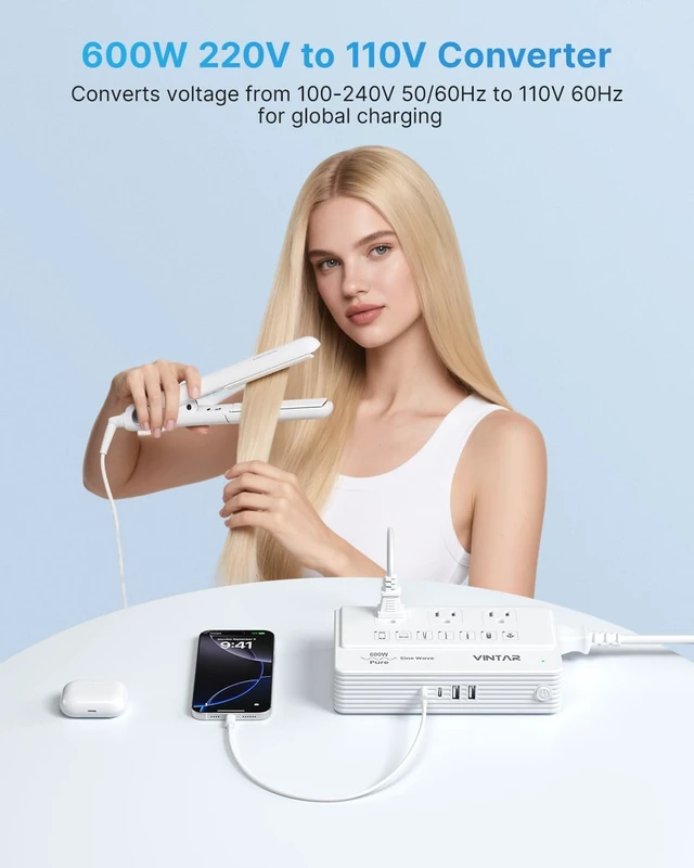 Alt view image 4 of 7 - 600W Pure Sine Wave 220V to 110V Voltage Converter US to Europe Universal Travel Adapter, EU/UK/AU/JP/SA/India Plugs, Step Down Power Transformer for CPAP Hair Straightener Curling Iron