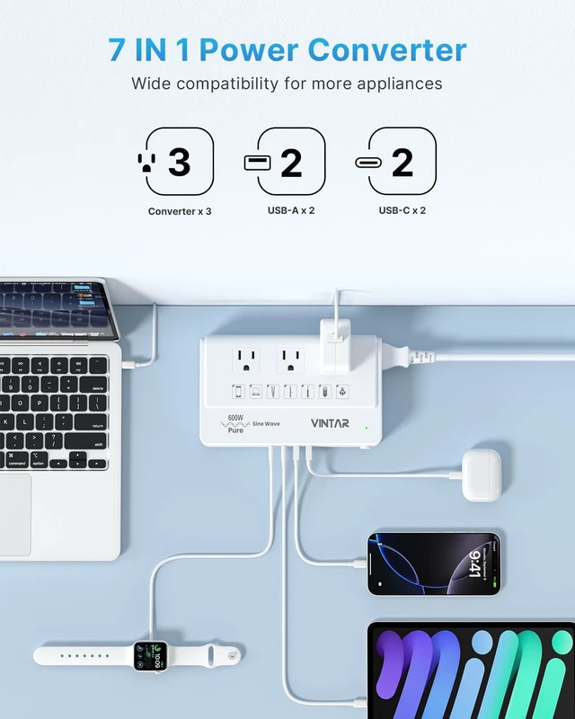 Alt view image 6 of 7 - 600W Pure Sine Wave 220V to 110V Voltage Converter US to Europe Universal Travel Adapter, EU/UK/AU/JP/SA/India Plugs, Step Down Power Transformer for CPAP Hair Straightener Curling Iron