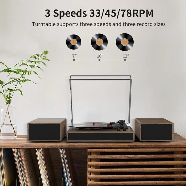 Alt view image 5 of 7 - Vinyl Record Player with Dual Stereo Bookshelf Speakers Vintage Turntable with Bluetooth Wireless Playback Belt Drive 3-Speed Playback Record Player Support RCA Out Auto Stop