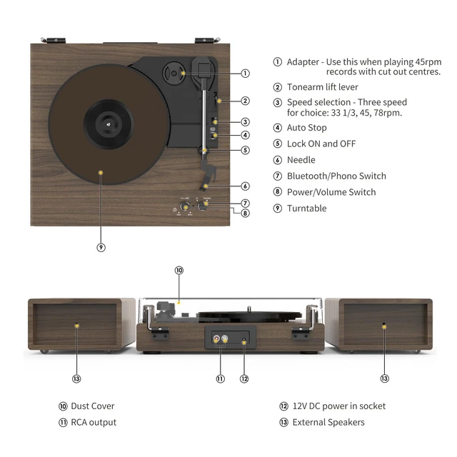Alt view image 6 of 7 - Vinyl Record Player with Dual Stereo Bookshelf Speakers Vintage Turntable with Bluetooth Wireless Playback Belt Drive 3-Speed Playback Record Player Support RCA Out Auto Stop