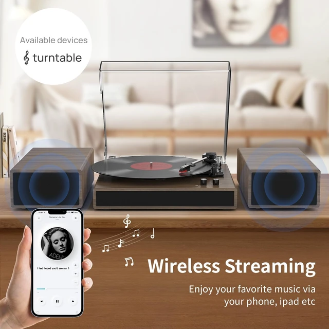 Alt view image 3 of 7 - Vinyl Record Player with Dual Stereo Bookshelf Speakers Vintage Turntable with Bluetooth Wireless Playback Belt Drive 3-Speed Playback Record Player Support RCA Out Auto Stop