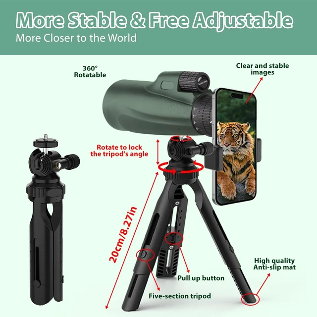 Alt view image 6 of 7 - Monocular Telescope 80x100 Wide Field HD Monoculars for Adults with Tripod & Phone Adapter Perfect for Bird Watching Hiking & Outdoor Activities -Green