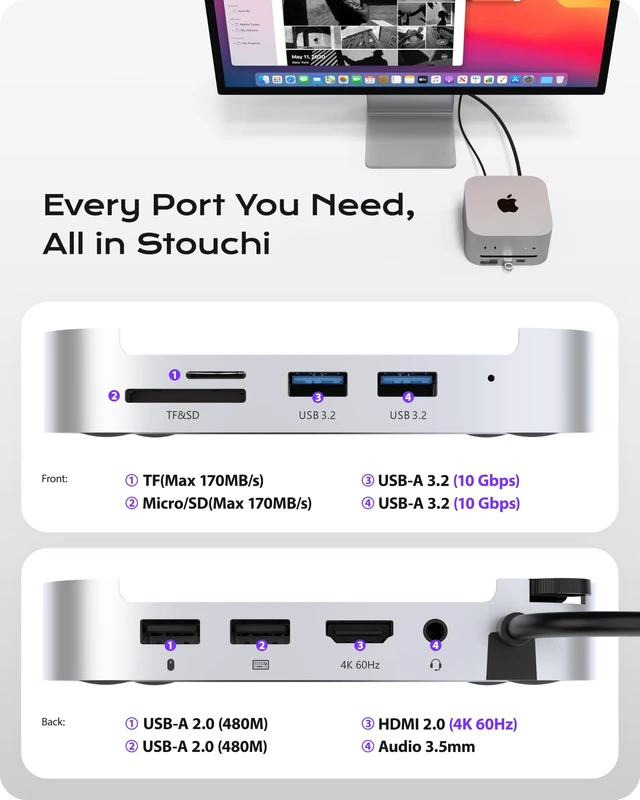 Alt view image 2 of 7 - Mac mini M6, M5 Pro, M4 Dock Stand with NVMe SATA SSD Enclosure 10Gbps Easy Power Button Stable Wi-Fi 2* USB A 10Gbps, 4K@60Hz HDMI, SD/TF Slot, 2* USB A, Audio 3.5mm for M4/M5/M6