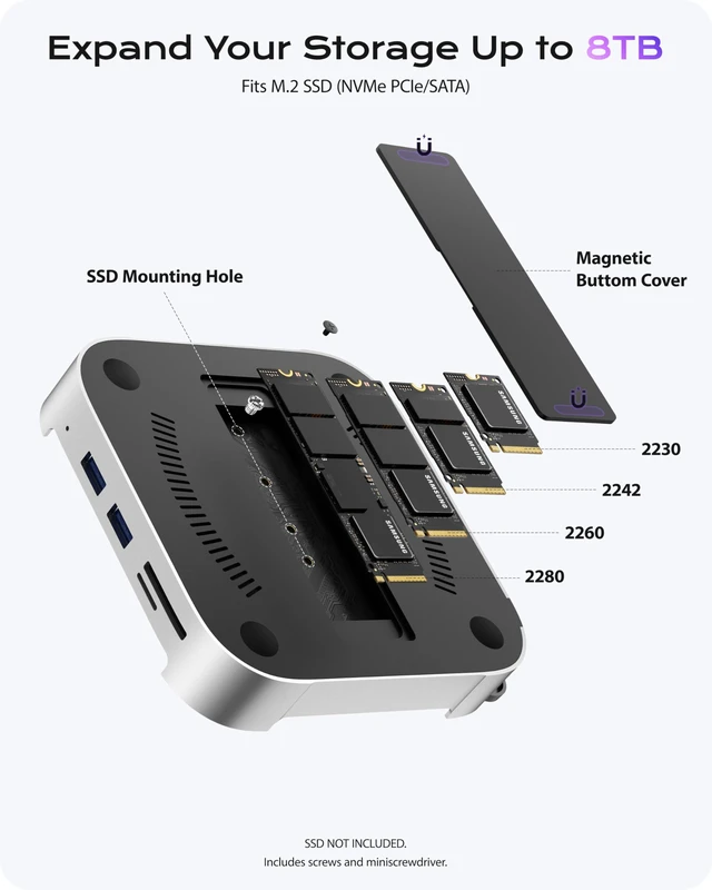 Alt view image 3 of 7 - Mac mini M6, M5 Pro, M4 Dock Stand with NVMe SATA SSD Enclosure 10Gbps Easy Power Button Stable Wi-Fi 2* USB A 10Gbps, 4K@60Hz HDMI, SD/TF Slot, 2* USB A, Audio 3.5mm for M4/M5/M6