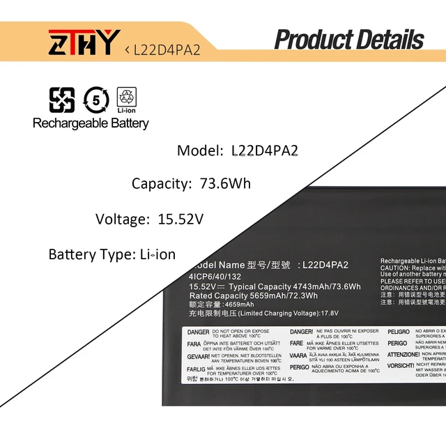 Alt view image 3 of 7 - L22D4PA2 L22C4PA2 Laptop Battery for Lenovo Legion Slim 5 14APH8 Series 82Y5 82Y5004VAU 82Y5CTO1WW 82Y5005KMX L22B4PA2 L22M4PA2 L22L4PA2 5B11N45950 SB11N45942 15.52V 73.6Wh