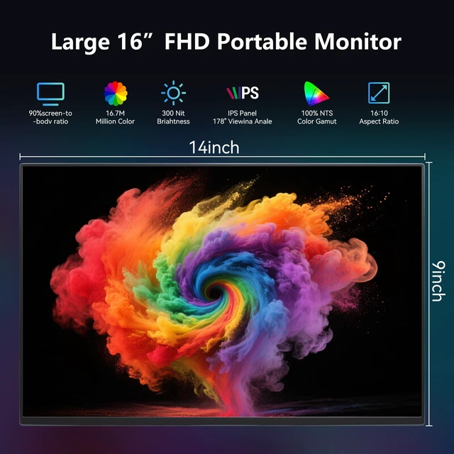 Alt view image 4 of 7 - 16" Touchscreen Portable Monitor,1920x1200P IPS Travel Secondary Screen,USB-C HDMI Plug&Play w/Foldable Stand,Dual Extender for Laptop Mac Phone Switch PS5 Xbox Office Gaming
