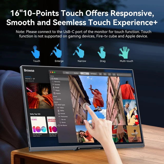 Alt view image 2 of 7 - 16" Touchscreen Portable Monitor,1920x1200P IPS Travel Secondary Screen,USB-C HDMI Plug&Play w/Foldable Stand,Dual Extender for Laptop Mac Phone Switch PS5 Xbox Office Gaming