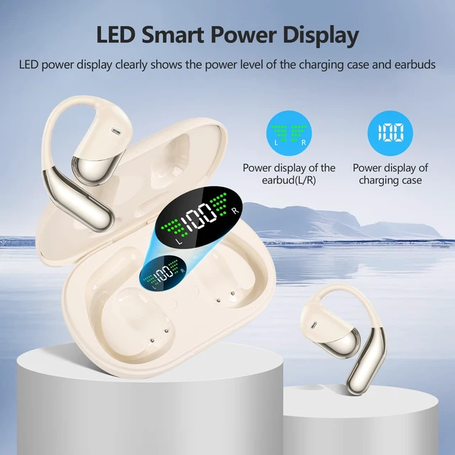 Alt view image 3 of 7 - Open Ear Clip Wireless Earbuds Headphones, Bluetooth 5.4, Open Ear Design, Built-in Mic, IPX7 Waterproof, LED Display Charging Case,Ear Hooks Ear Buds Ultra for Fitness/Travel/Gym/Running/workout