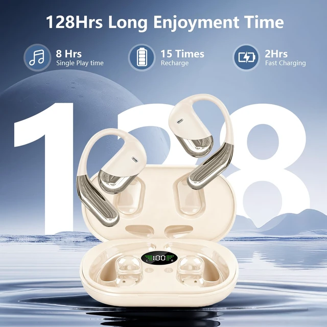 Alt view image 2 of 7 - Open Ear Clip Wireless Earbuds Headphones, Bluetooth 5.4, Open Ear Design, Built-in Mic, IPX7 Waterproof, LED Display Charging Case,Ear Hooks Ear Buds Ultra for Fitness/Travel/Gym/Running/workout