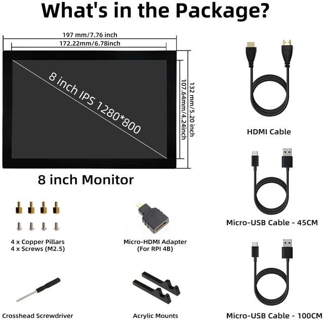 Alt view image 6 of 6 - 8 inch Touchscreen Mini Monitor, 1280 X 800 HDMI Small Portable Monitor IPS LCD Display for Laptop Raspberry Pi Game Consoles