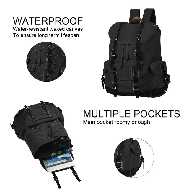 Alt view image 2 of 6 - Heavy-Duty Waxed Canvas Rucksack Backpack Vintage Waxed Canvas Backpack with Leather Trim, Fits Laptop and Essentials for Travel and Daily Carry