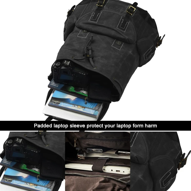 Alt view image 6 of 6 - Heavy-Duty Waxed Canvas Rucksack Backpack Vintage Waxed Canvas Backpack with Leather Trim, Fits Laptop and Essentials for Travel and Daily Carry