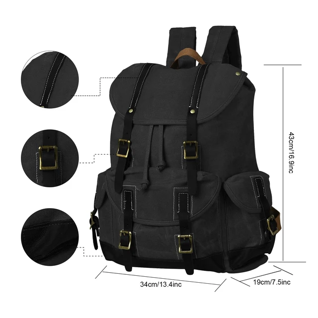 Alt view image 4 of 6 - Heavy-Duty Waxed Canvas Rucksack Backpack Vintage Waxed Canvas Backpack with Leather Trim, Fits Laptop and Essentials for Travel and Daily Carry