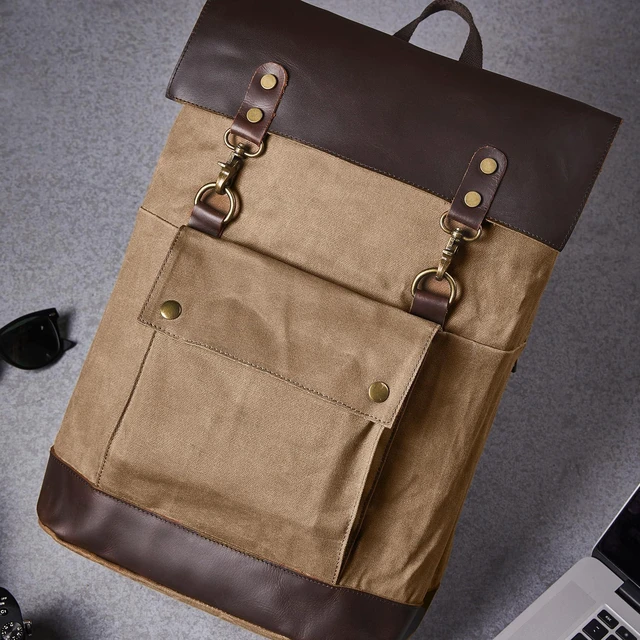 Alt view image 3 of 7 - Vintage Waterproof Waxed Canvas Leather Backpack for Men Women 15.6" laptop Travel Rucksack