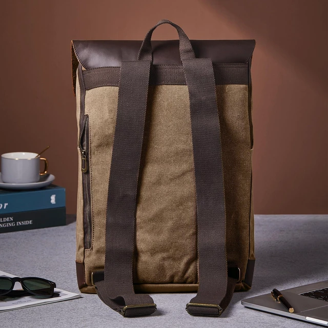 Alt view image 4 of 7 - Vintage Waterproof Waxed Canvas Leather Backpack for Men Women 15.6" laptop Travel Rucksack