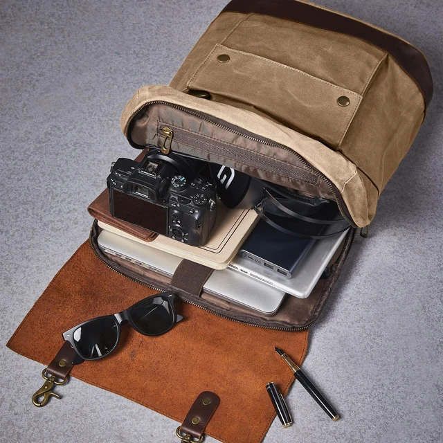 Alt view image 2 of 7 - Vintage Waterproof Waxed Canvas Leather Backpack for Men Women 15.6" laptop Travel Rucksack