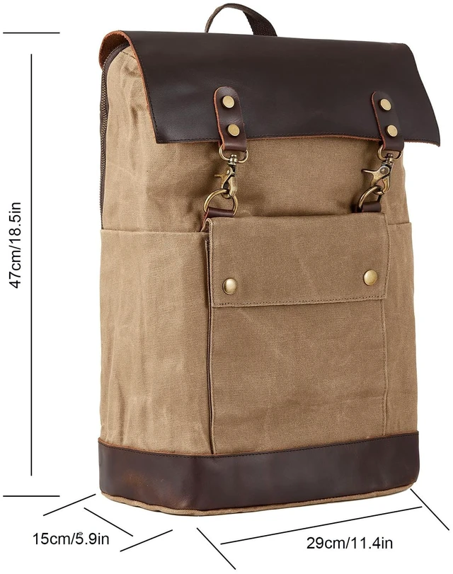 Alt view image 7 of 7 - Vintage Waterproof Waxed Canvas Leather Backpack for Men Women 15.6" laptop Travel Rucksack