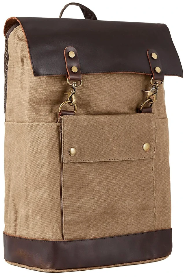 Alt view image 6 of 7 - Vintage Waterproof Waxed Canvas Leather Backpack for Men Women 15.6" laptop Travel Rucksack