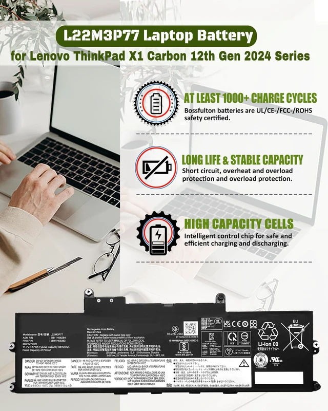 Alt view image 3 of 6 - 57Wh L22M3P77 L22C3P76 Battery for Lenovo ThinkPad X1 Carbon 12th Gen (2024) (Type 21KC/21KD) & ThinkPad X1 2-in-1 Gen 9 (Type 21KE/21KF) Series- Parts L22B3P73 L22D3P77 SB11H56284 5B11H56383-11.7V