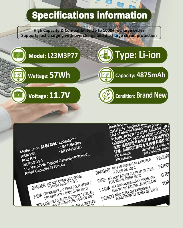 Alt view image 4 of 6 - 57Wh L22M3P77 L22C3P76 Battery for Lenovo ThinkPad X1 Carbon 12th Gen (2024) (Type 21KC/21KD) & ThinkPad X1 2-in-1 Gen 9 (Type 21KE/21KF) Series- Parts L22B3P73 L22D3P77 SB11H56284 5B11H56383-11.7V