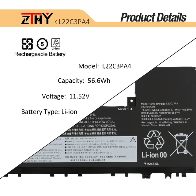 Alt view image 3 of 7 - L22M3PA4 L22L3PA4 Battery Replacement for Lenovo IdeaPad Slim 5-14ABR8 IdeaPad Slim 5-16ABR8 5-14IAH8 5-16IAH8 5-14IRL8 5-16IRL8 Series Laptop L22C3PA4 L22B3PA4 Battery SB11N45426 11.52V 56.6Wh
