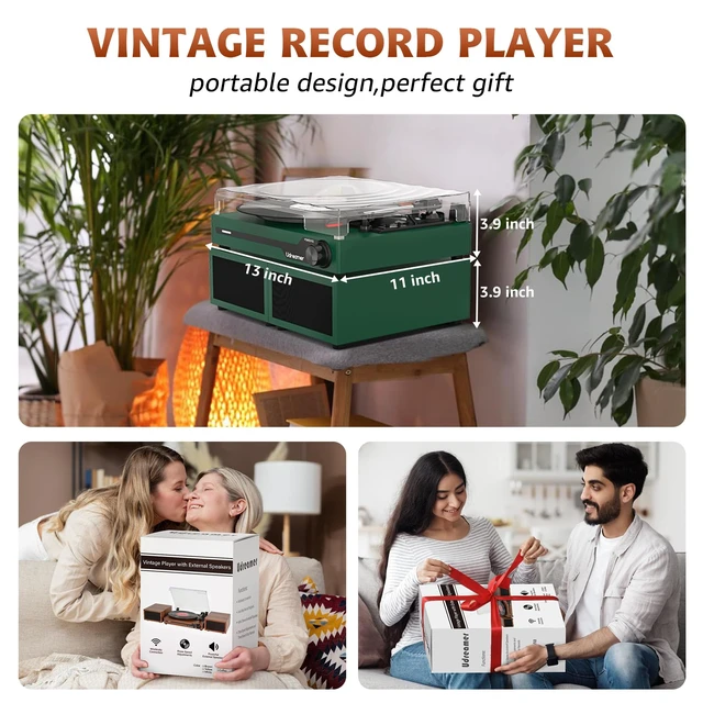 Alt view image 5 of 7 - Vinyl Record Player with External Speakers, Bluetooth Turntable, DarkGreen Vintage Phonograph with USB input 3 Speed Portable LP Player, Belt-Drive, Auto Stop