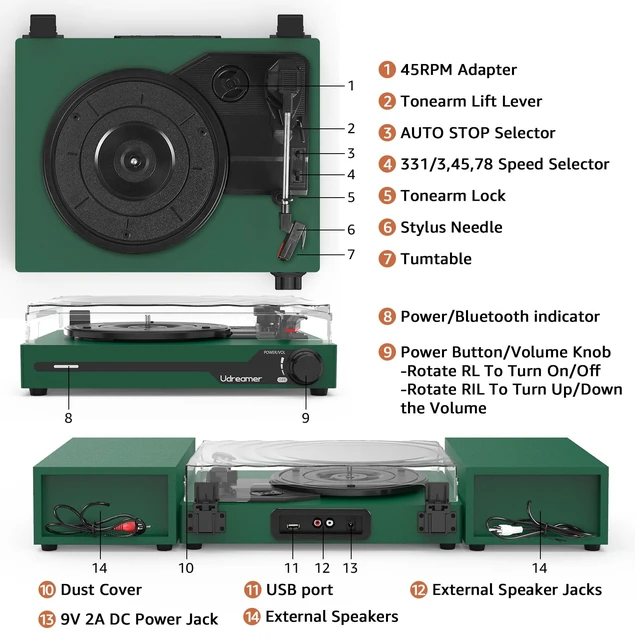Alt view image 6 of 7 - Vinyl Record Player with External Speakers, Bluetooth Turntable, DarkGreen Vintage Phonograph with USB input 3 Speed Portable LP Player, Belt-Drive, Auto Stop