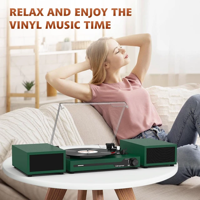 Alt view image 7 of 7 - Vinyl Record Player with External Speakers, Bluetooth Turntable, DarkGreen Vintage Phonograph with USB input 3 Speed Portable LP Player, Belt-Drive, Auto Stop