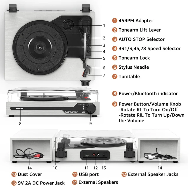Alt view image 5 of 7 - Vinyl Record Player with External Speakers, Bluetooth Turntable, White Vintage Phonograph with USB input 3 Speed Portable LP Player, Belt-Drive, Auto Stop