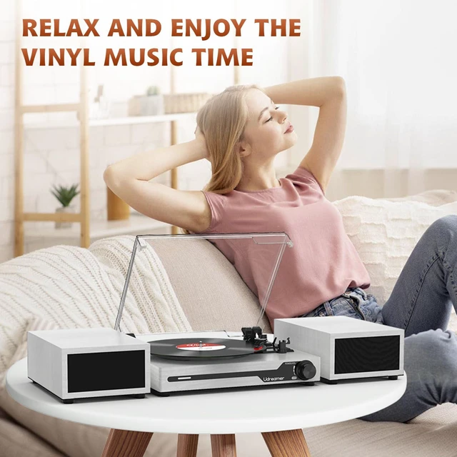 Alt view image 7 of 7 - Vinyl Record Player with External Speakers, Bluetooth Turntable, White Vintage Phonograph with USB input 3 Speed Portable LP Player, Belt-Drive, Auto Stop