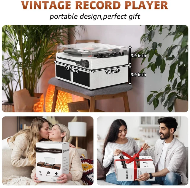 Alt view image 6 of 7 - Vinyl Record Player with External Speakers, Bluetooth Turntable, White Vintage Phonograph with USB input 3 Speed Portable LP Player, Belt-Drive, Auto Stop