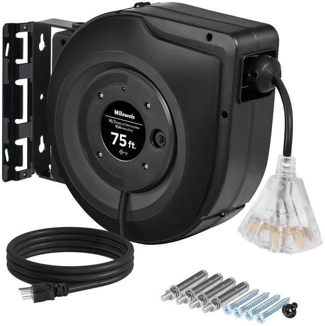 Main image of Retractable Cord Reel, 75 FT Heavy Duty Extension Cord, 14AWG/3C SJTOW, 3 Grounded Outlets Lighted Triple Tap, 10A Circuit Breaker, Wall/Ceiling Mounted, UL Listed, Black H75CR06
