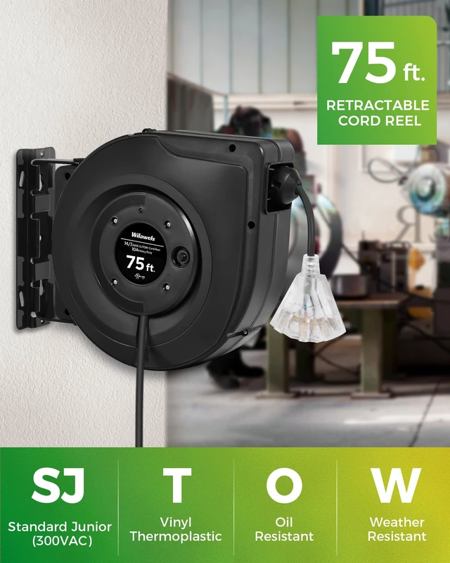Alt view image 2 of 7 - Retractable Cord Reel, 75 FT Heavy Duty Extension Cord, 14AWG/3C SJTOW, 3 Grounded Outlets Lighted Triple Tap, 10A Circuit Breaker, Wall/Ceiling Mounted, UL Listed, Black H75CR06
