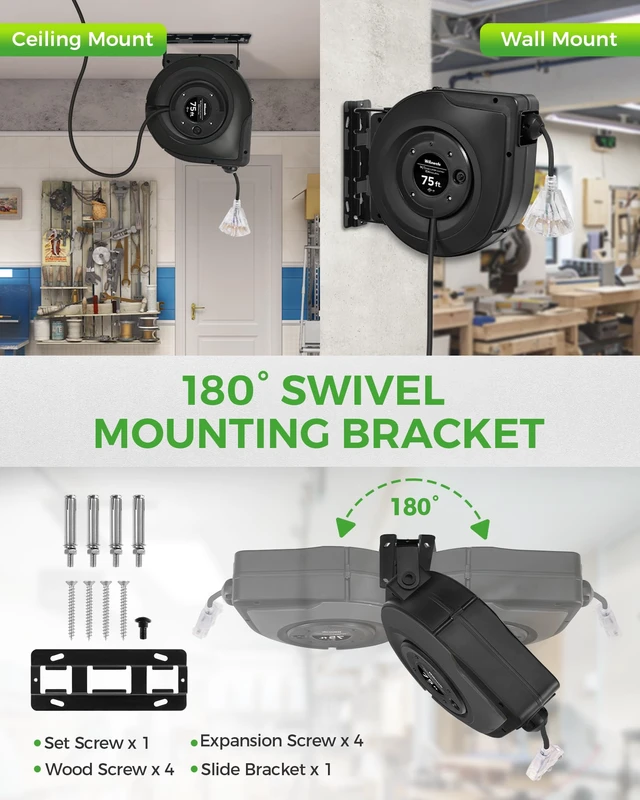 Alt view image 4 of 7 - Retractable Cord Reel, 75 FT Heavy Duty Extension Cord, 14AWG/3C SJTOW, 3 Grounded Outlets Lighted Triple Tap, 10A Circuit Breaker, Wall/Ceiling Mounted, UL Listed, Black H75CR06