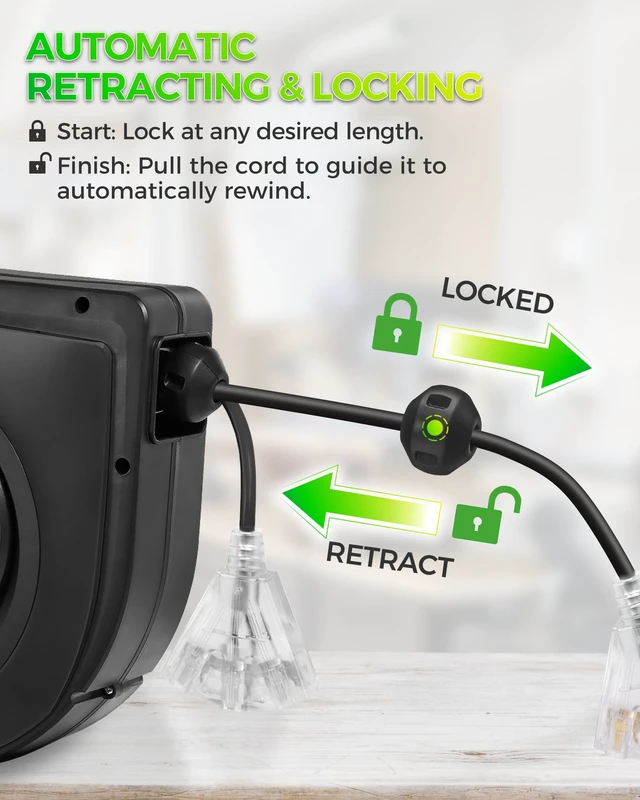 Alt view image 3 of 7 - Retractable Cord Reel, 75 FT Heavy Duty Extension Cord, 14AWG/3C SJTOW, 3 Grounded Outlets Lighted Triple Tap, 10A Circuit Breaker, Wall/Ceiling Mounted, UL Listed, Black H75CR06