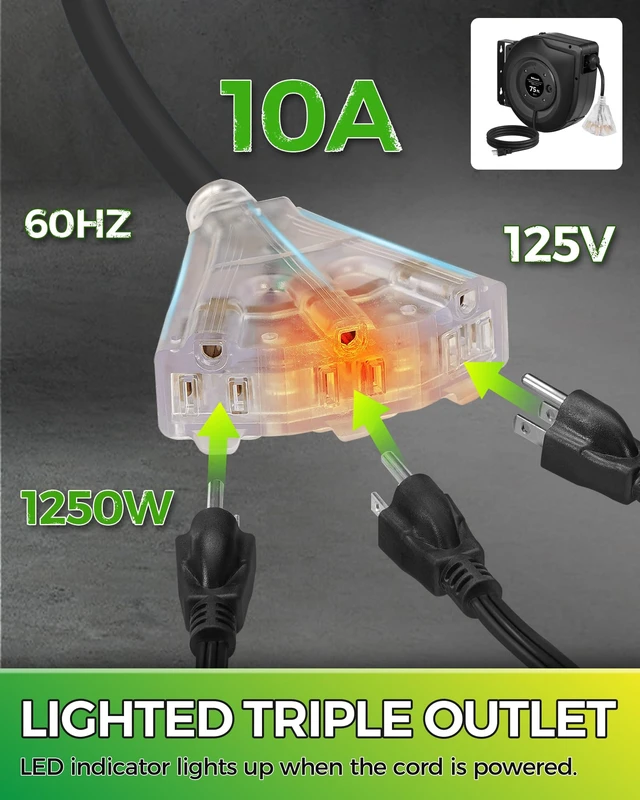 Alt view image 5 of 7 - Retractable Cord Reel, 75 FT Heavy Duty Extension Cord, 14AWG/3C SJTOW, 3 Grounded Outlets Lighted Triple Tap, 10A Circuit Breaker, Wall/Ceiling Mounted, UL Listed, Black H75CR06