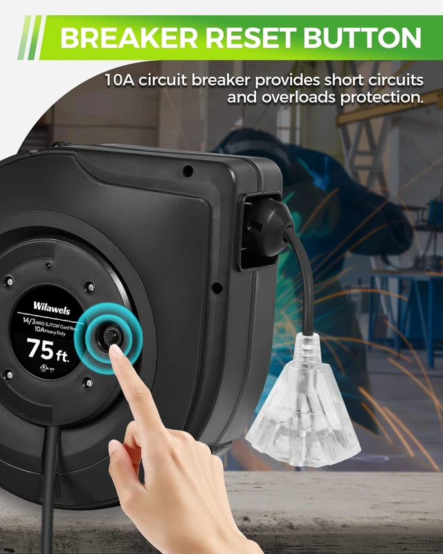 Alt view image 6 of 7 - Retractable Cord Reel, 75 FT Heavy Duty Extension Cord, 14AWG/3C SJTOW, 3 Grounded Outlets Lighted Triple Tap, 10A Circuit Breaker, Wall/Ceiling Mounted, UL Listed, Black H75CR06