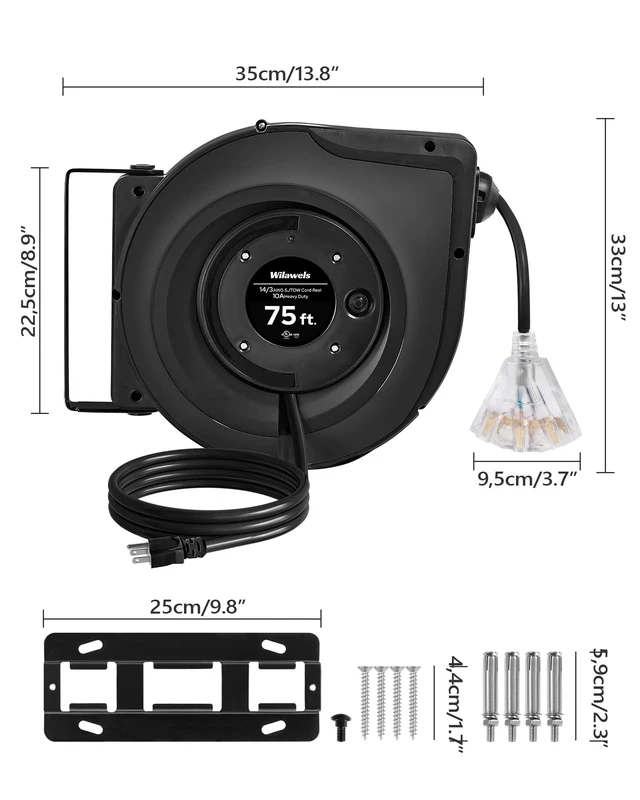 Alt view image 7 of 7 - Retractable Cord Reel, 75 FT Heavy Duty Extension Cord, 14AWG/3C SJTOW, 3 Grounded Outlets Lighted Triple Tap, 10A Circuit Breaker, Wall/Ceiling Mounted, UL Listed, Black H75CR06