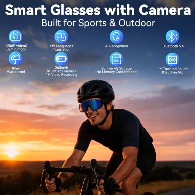 Alt view image 2 of 7 - AI Smart Glasses with Camera, 4K HD Stabilized Video Recording Glasses Waterproof Bluetooth Sunglasses with Ai Assistant, Touch Control, UV Protection for Cycling Skiing Outdoor Sports Orange