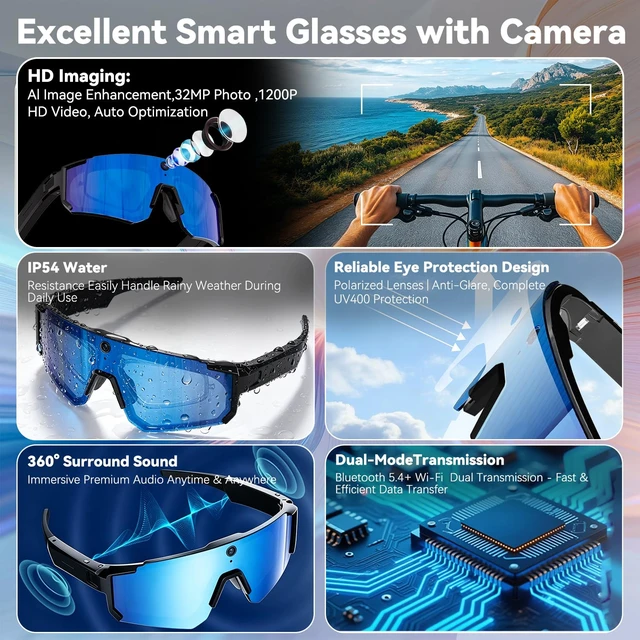 Alt view image 5 of 7 - AI Smart Glasses with Camera, 4K HD Stabilized Video Recording Glasses Waterproof Bluetooth Sunglasses with Ai Assistant, Touch Control, UV Protection for Cycling Skiing Outdoor Sports Orange