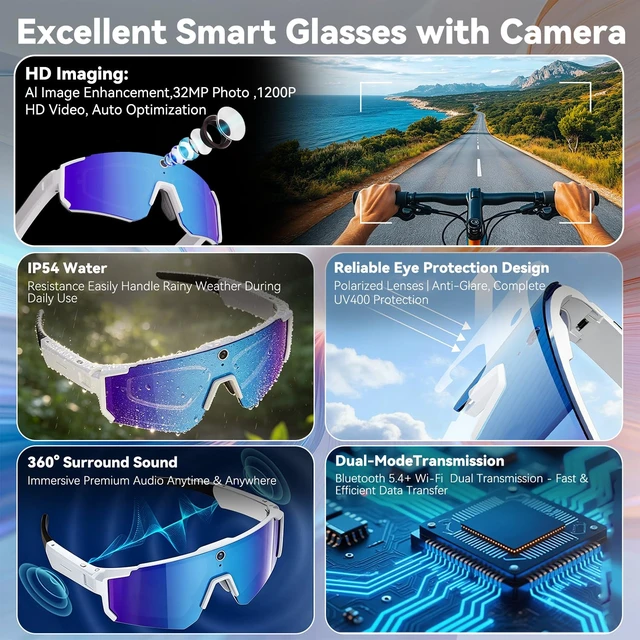 Alt view image 5 of 7 - AI Smart Glasses with Camera, 4K HD Stabilized Video Recording Waterproof Bluetooth Sunglasses, AI Assistant, Touch Control