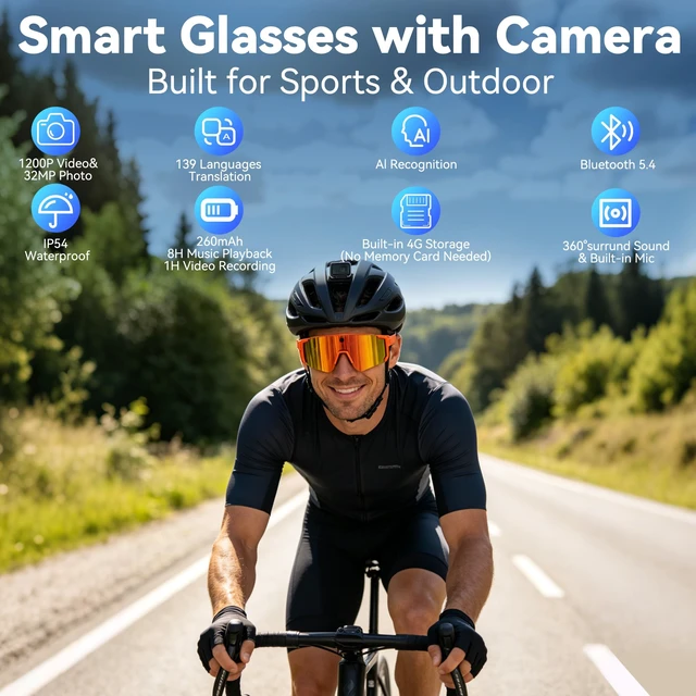 Alt view image 2 of 7 - AI Smart Glasses with Camera, 4K HD Stabilized Video Recording Glasses Waterproof Bluetooth Sunglasses with Ai Assistant, Touch Control, UV Protection for Cycling Skiing Outdoor Sports Orange